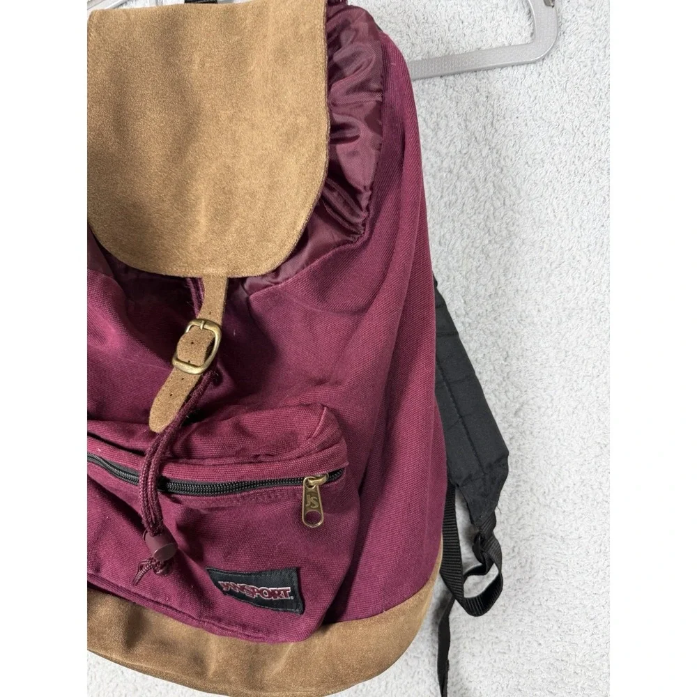 VINTAGE Jansport Backpack Red Leather Bottom USA Made 90s‎ Bag School Travel